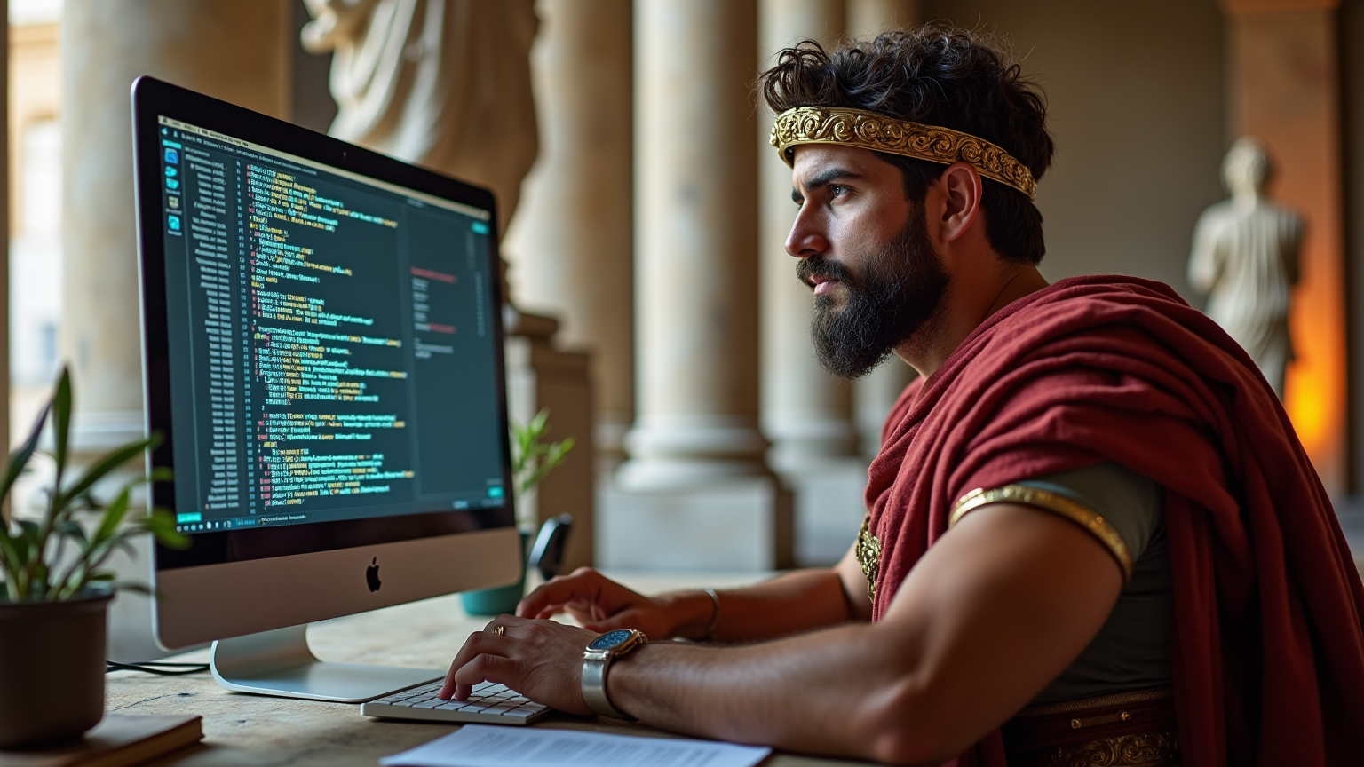 A picture of a Roman emperor coding