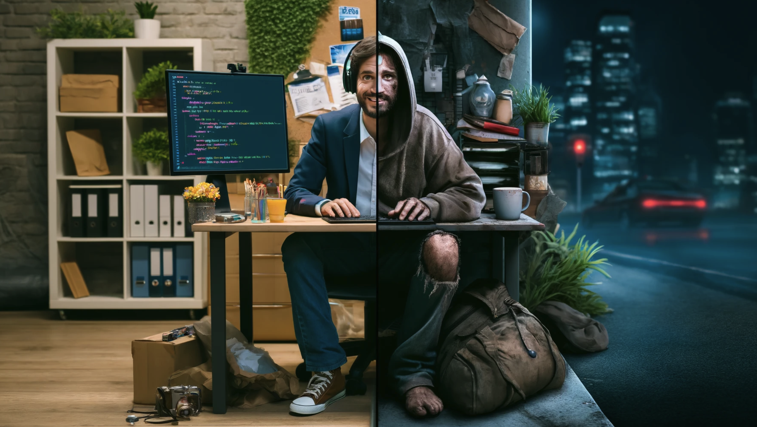 A picture of a man coding and then looking homeless