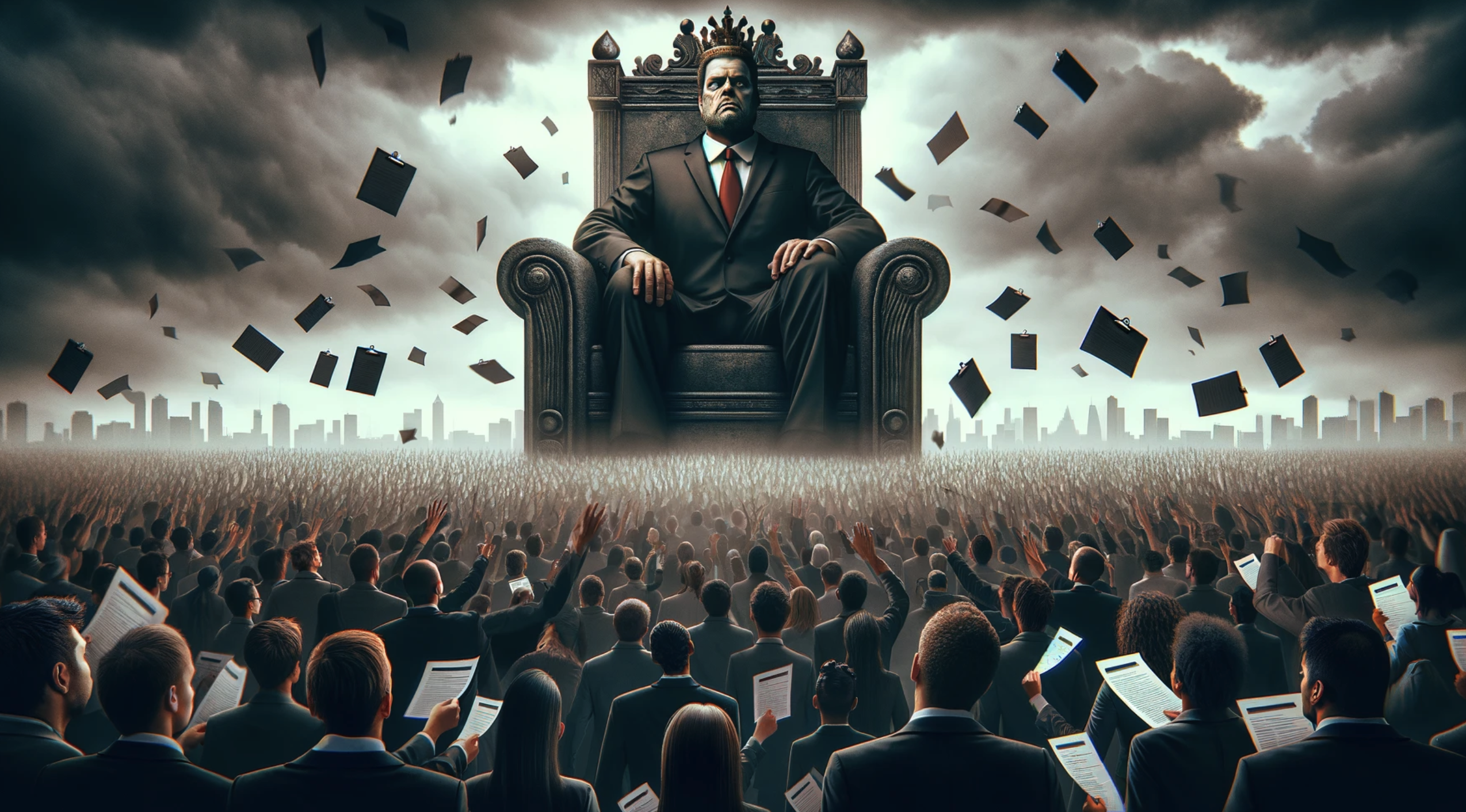 Dark and gloomy scene with a giant businessman sitting on a throne, surrounded by thousands of people waving their CVs. The businessman looks down at them with disgust, highlighting the power imbalance and desperation among the crowd.