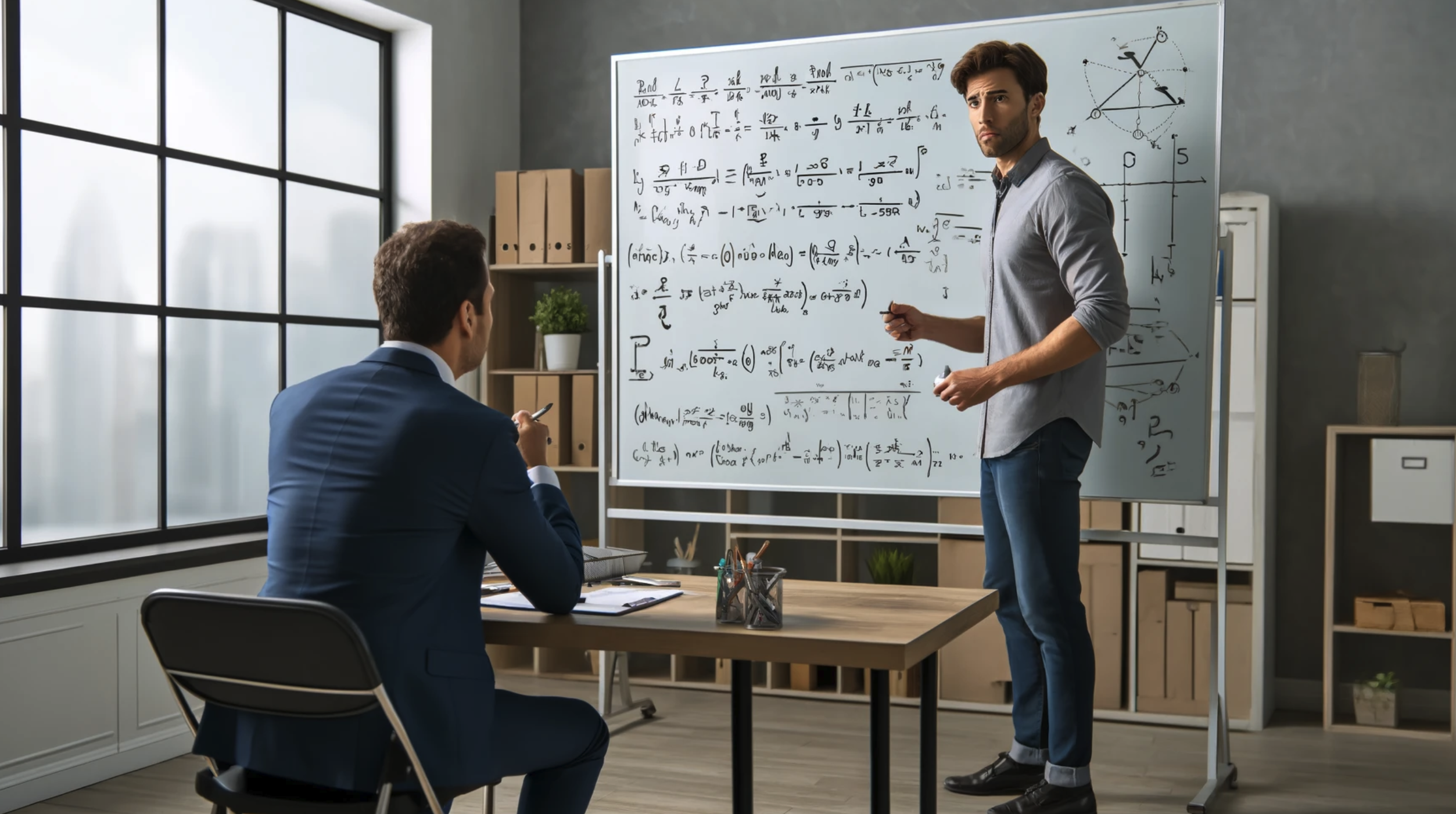 Man solving problems on a white board while others watch